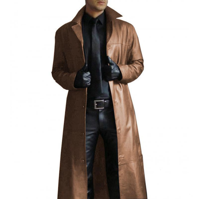 Mens Vintage Solid Color Lapel Leather Trench Coat 87519479Y