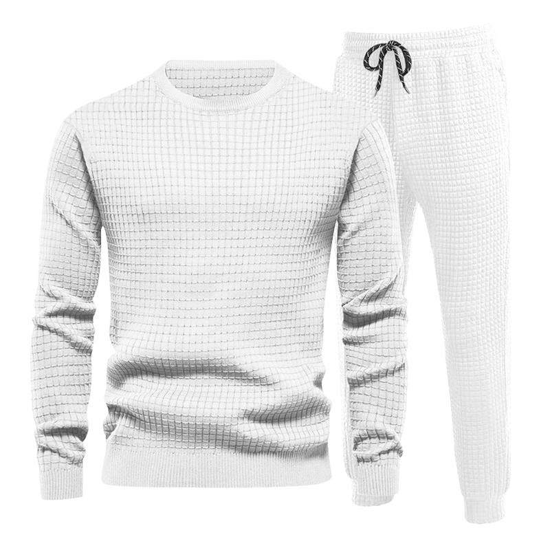 Mens Waffle Round Neck Long Sleeve Pants Two-piece Set 23138814X