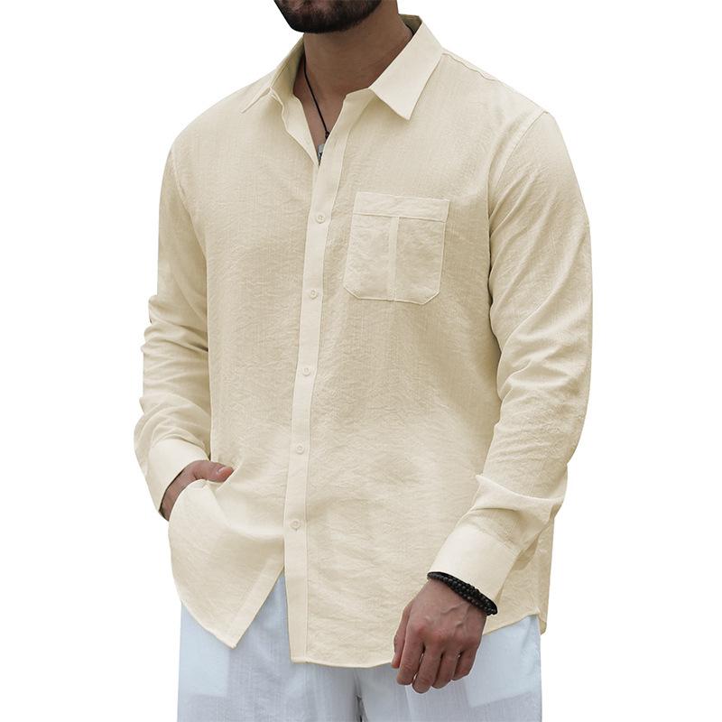 Mens Casual Solid Color Breast Pocket Lapel Long Sleeve Shirt 31125654Y
