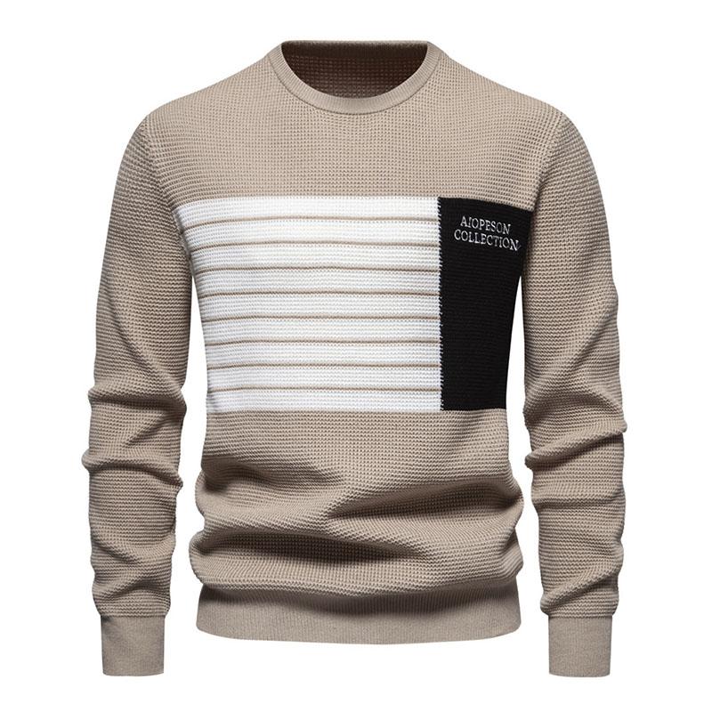 Mens Casual Contrast Stripe Patchwork Round Neck Long Sleeve Knitted Sweater 26118490M