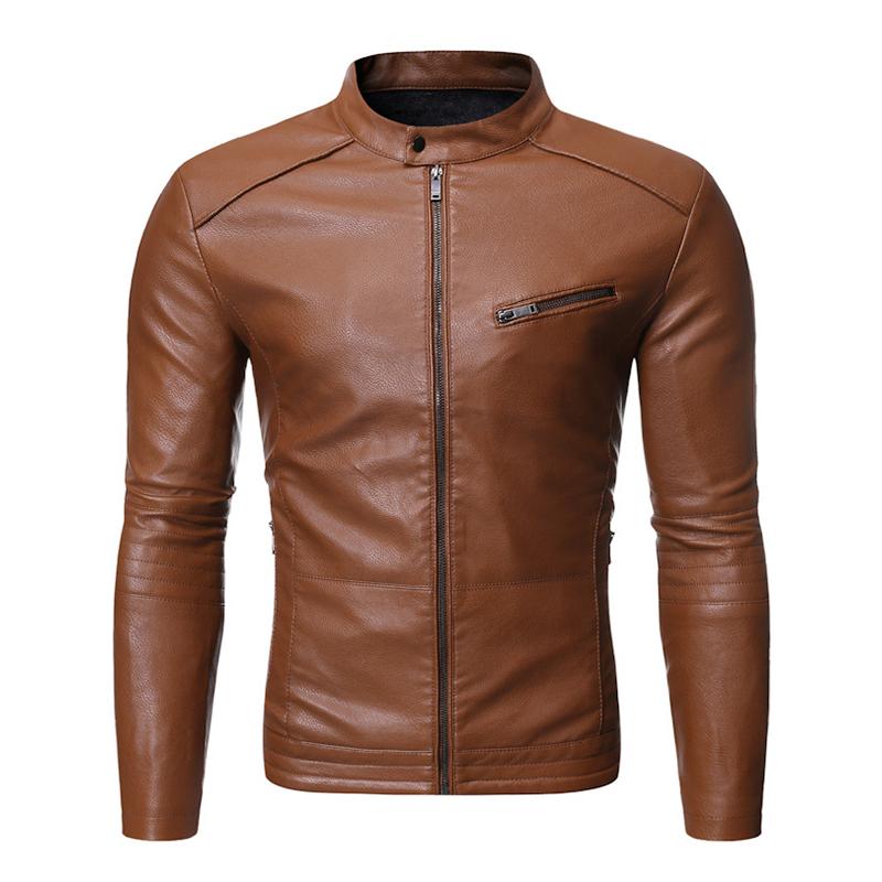 Mens Casual Solid Color Zipper Stand Collar Motorcycle Leather Jacket 91951708M