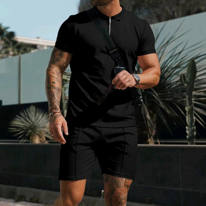 Mens Casual Waffle Solid Color Lapel Short Sleeve T-Shirt Shorts Set 42483174Y