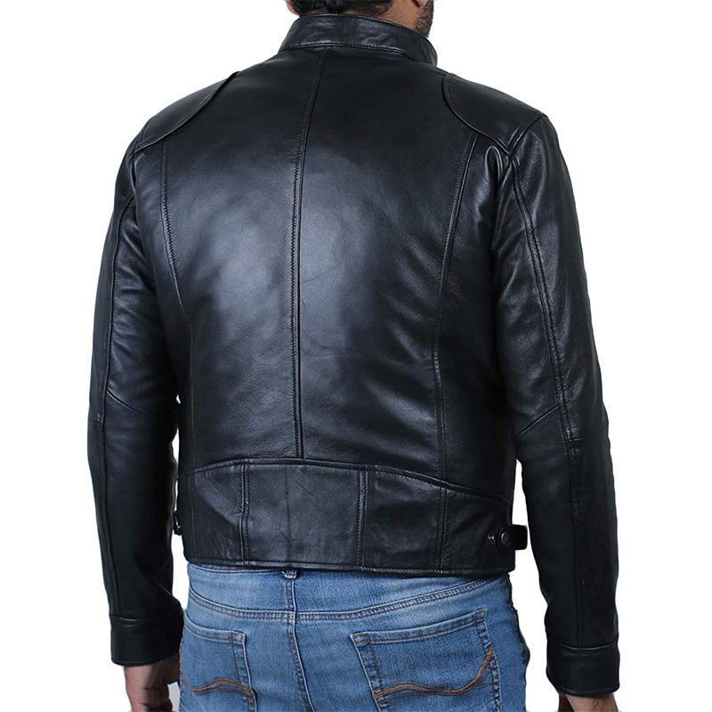 Mens Vintage Stand Collar Zipper Pocket Slim Leather Jacket 19024793M