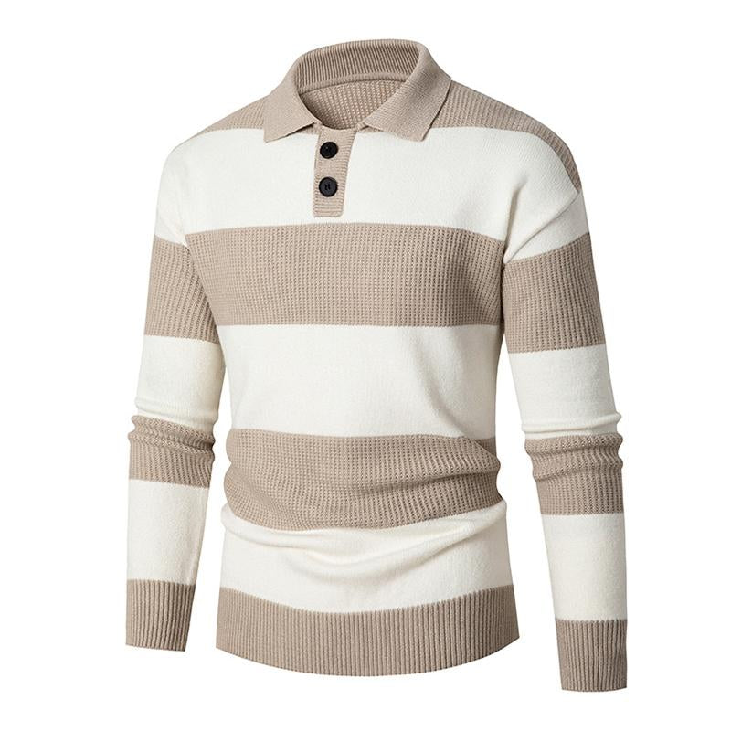 Mens Casual Contrast Color Striped Polo Collar Long Sleeve Loose Sweater 13307346M