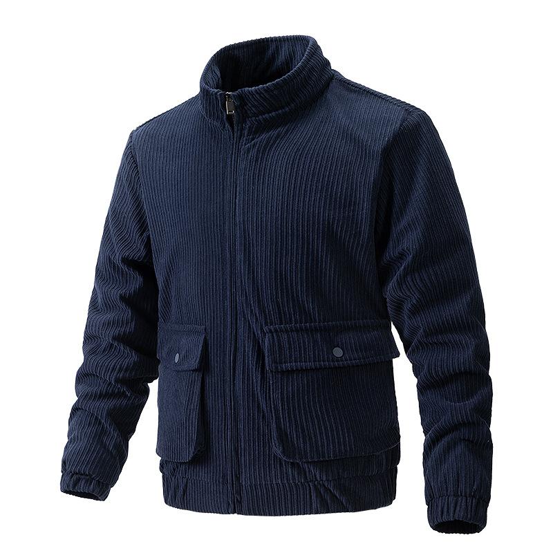 Mens Corduroy Solid Color Stand Collar Cargo Casual Jacket 08152342X