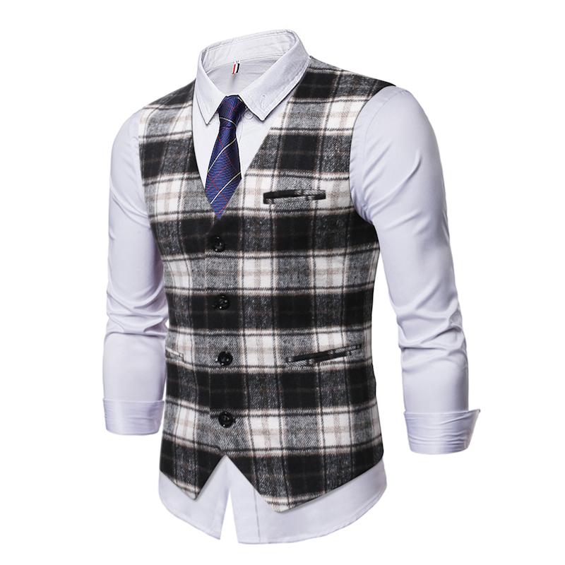 Mens Vintage Plaid Collarless Suit Vest 50235091Y