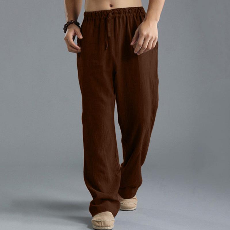 Mens Casual Loose Cotton Linen Breathable Elastic Waist Trousers 31442547M