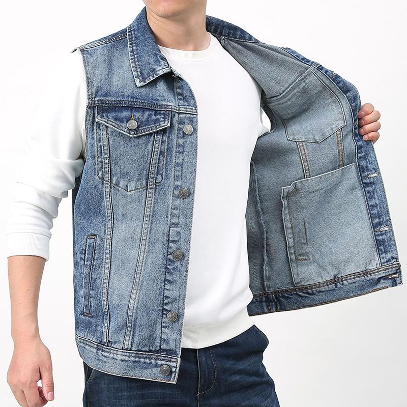 Mens Vintage Wash Lapel Single Breasted Multi Pocket Denim Vest 50562057M