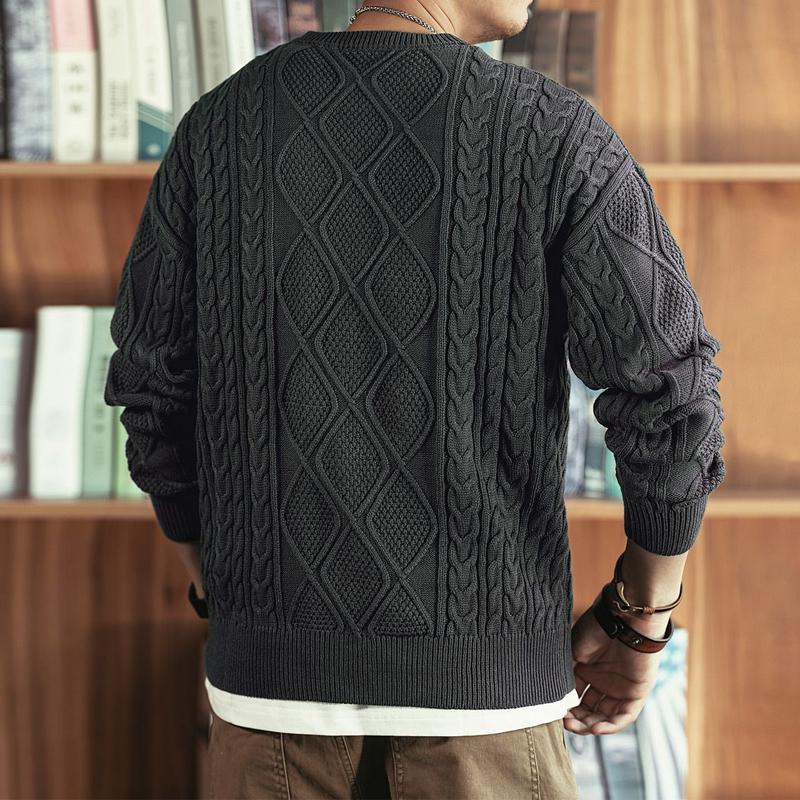 Mens Loose Solid Color Cable Round Neck Pullover Sweater 34106628Y