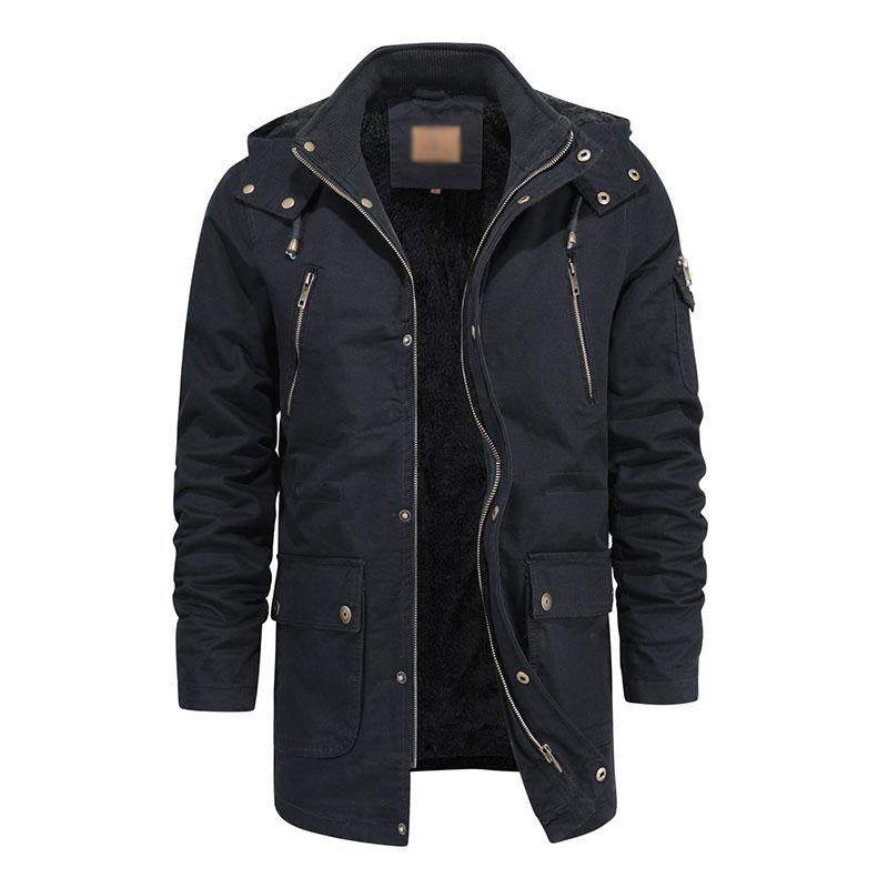 Mens Casual Cotton Multi-Pocket Hooded Zipper Fleece Lined Warm Mid-Length Coat 66242493M