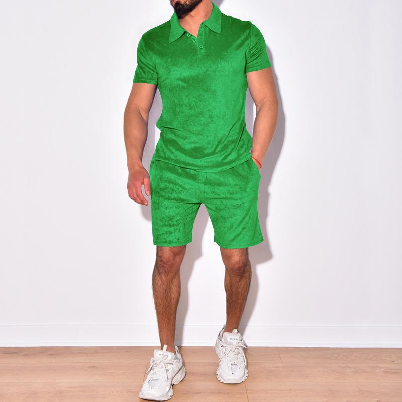 Mens Solid Lapel Short Sleeve Polo Shirt And Shorts Set 28691834Z