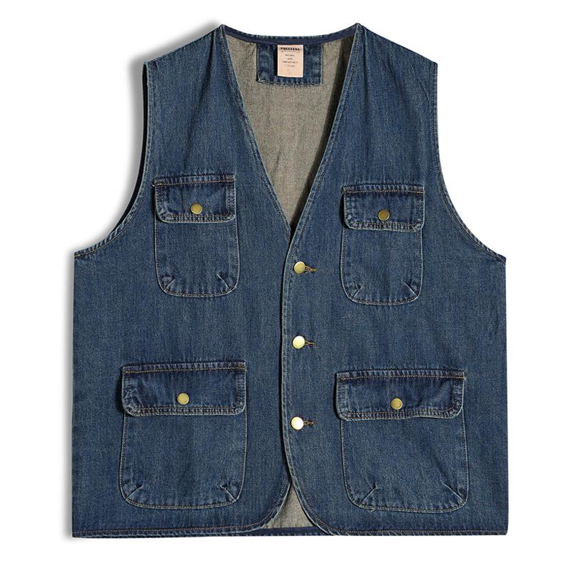 Mens Vintage Multi-Pocket Denim V-Neck Vest 98299084X