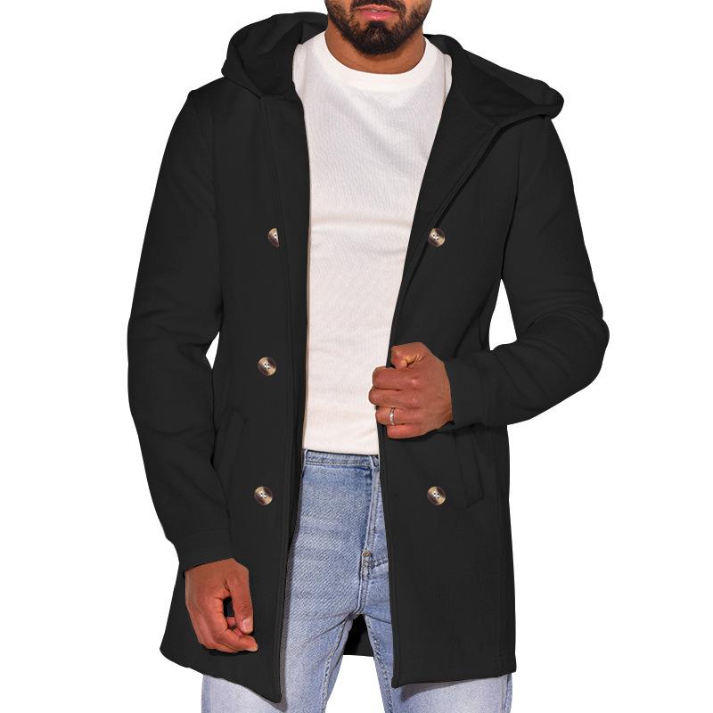 Mens Casual Solid Color Hooded Double-Breasted Long-Sleeved Windbreaker Coat 75393134M