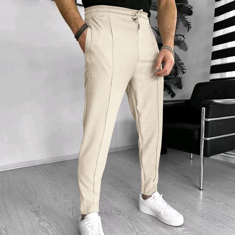 Mens Solid Waffle Elastic Waist Slim Casual Trousers 33746822Z
