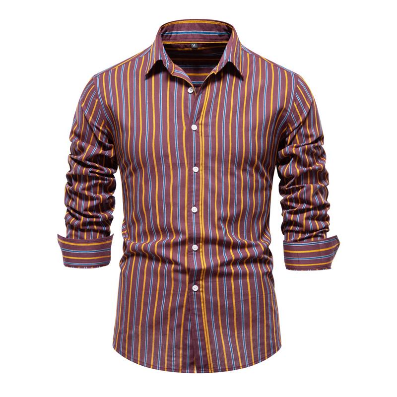 Mens Fashion Striped Long Sleeve Lapel Cotton Shirt 07386898X