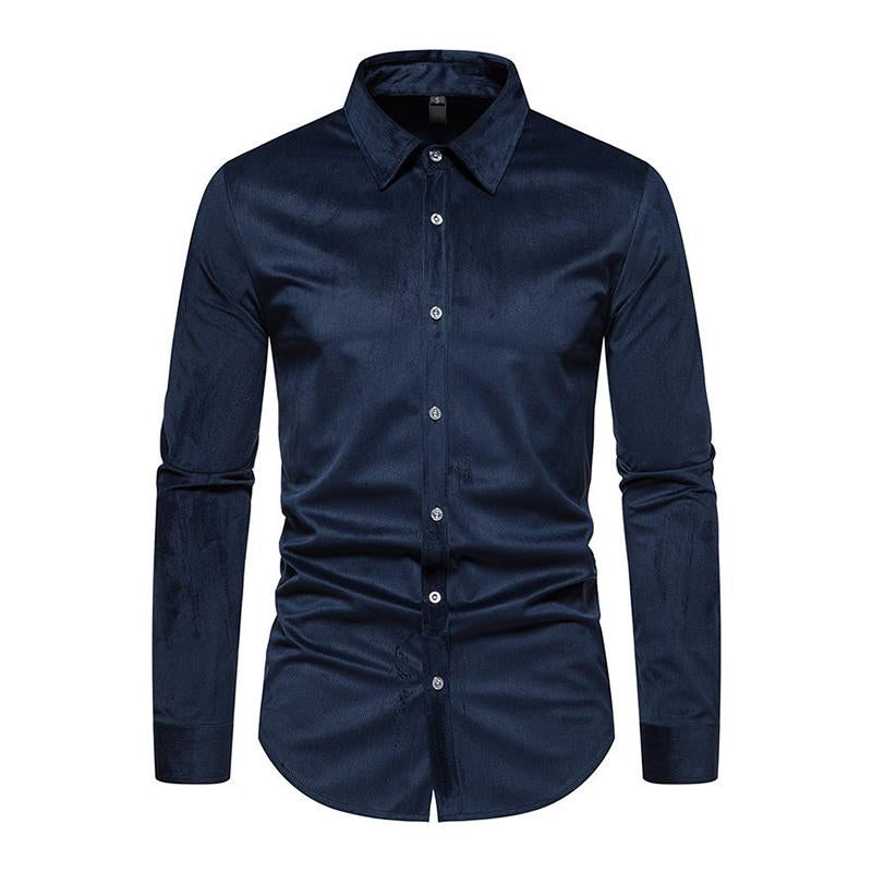 Mens Casual Solid Color Corduroy Slim Lapel Button Long Sleeve Shirt 82245034M
