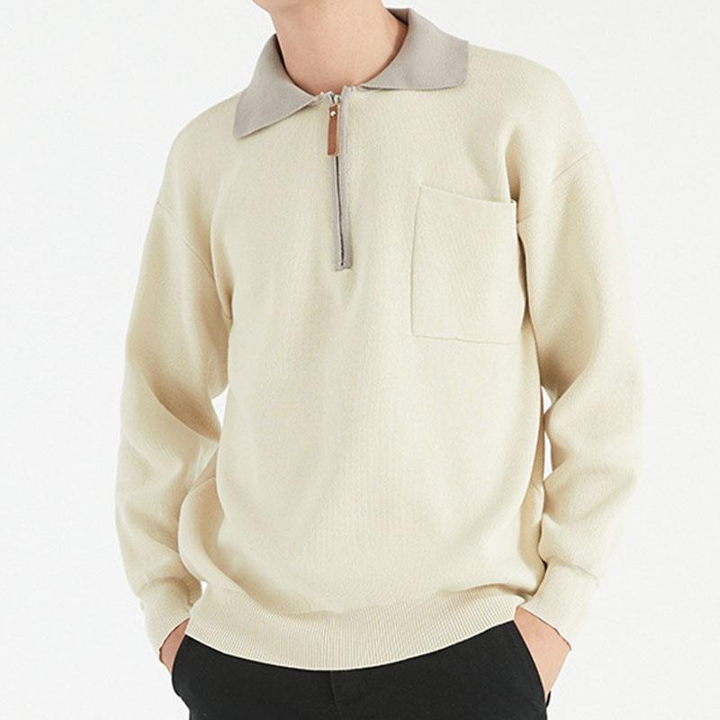 Mens Casual Colorblock Lapel Zipper Knitted Pullover Polo Sweater 69251354M