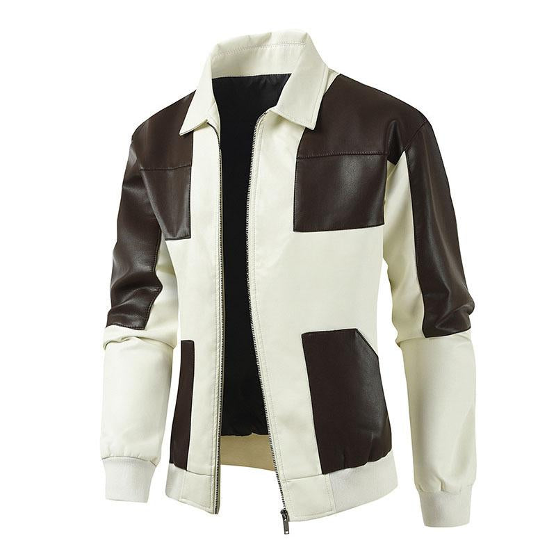 Mens Stylish Colorblock Patchwork Lapel Leather Motorcycle Jacket 77166987M