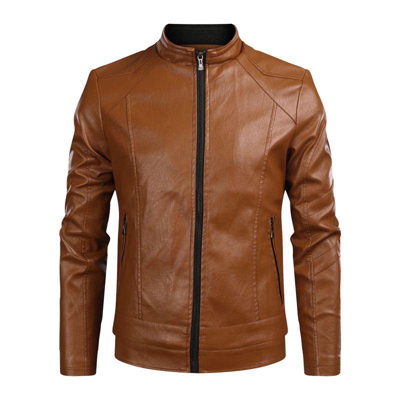 Mens Solid Color Stand Collar Leather Motorcycle Jacket 93017058X