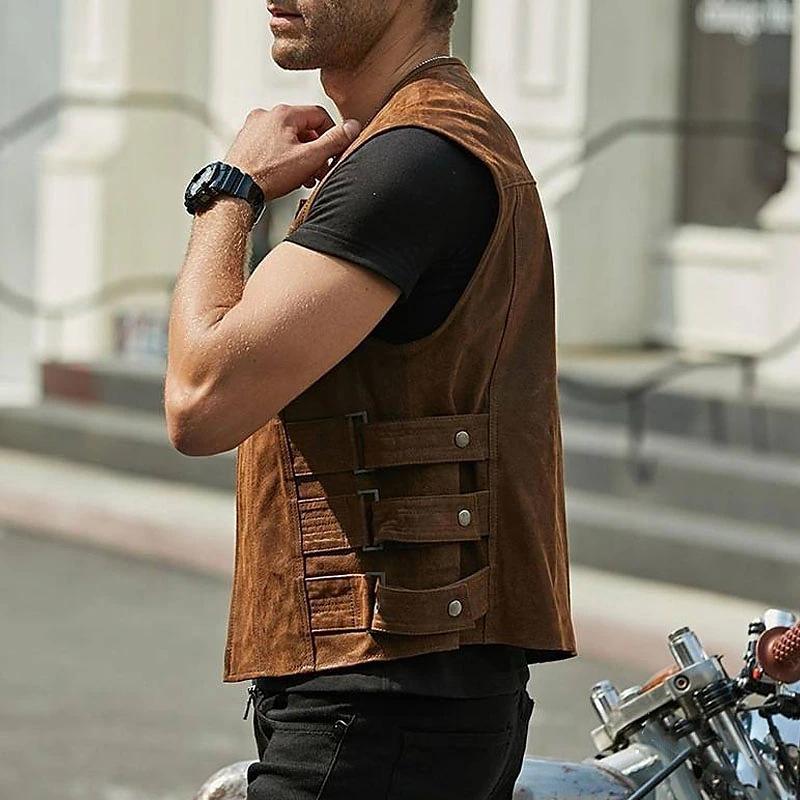 Mens Vintage Solid Color Chest Pocket Collarless Leather Vest 89985087Y