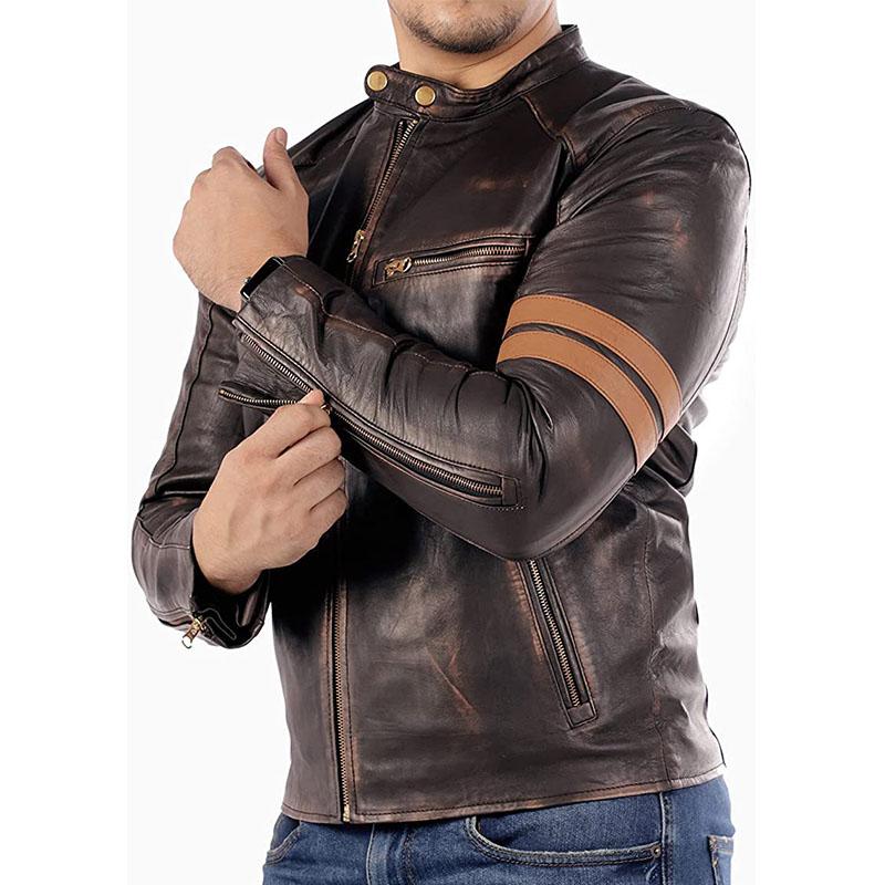 Mens Vintage Distressed Stand Collar Contrast Stitching Leather Jacket 22822210M