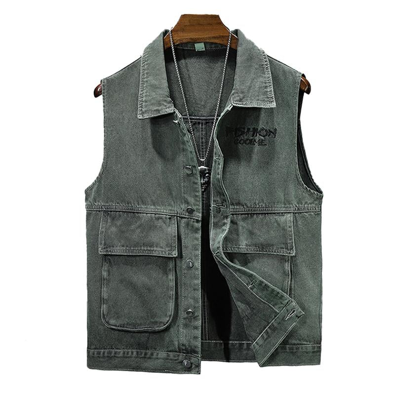 Mens Vintage Lapel Embroidered Denim Vest 86230334X