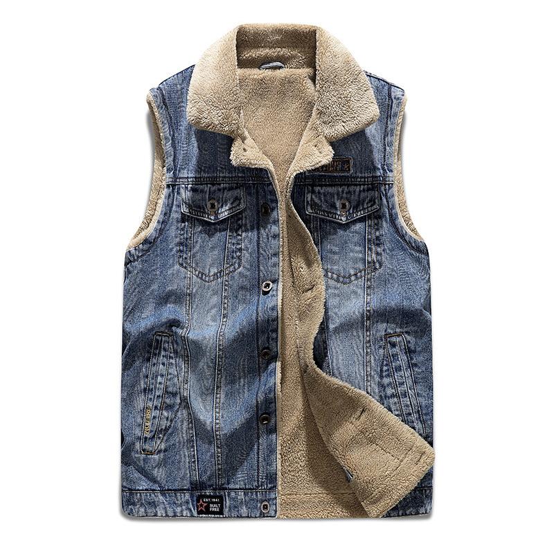 Mens Vintage Warm Fleece Lapel Multi Pocket Denim Vest 36995725Y