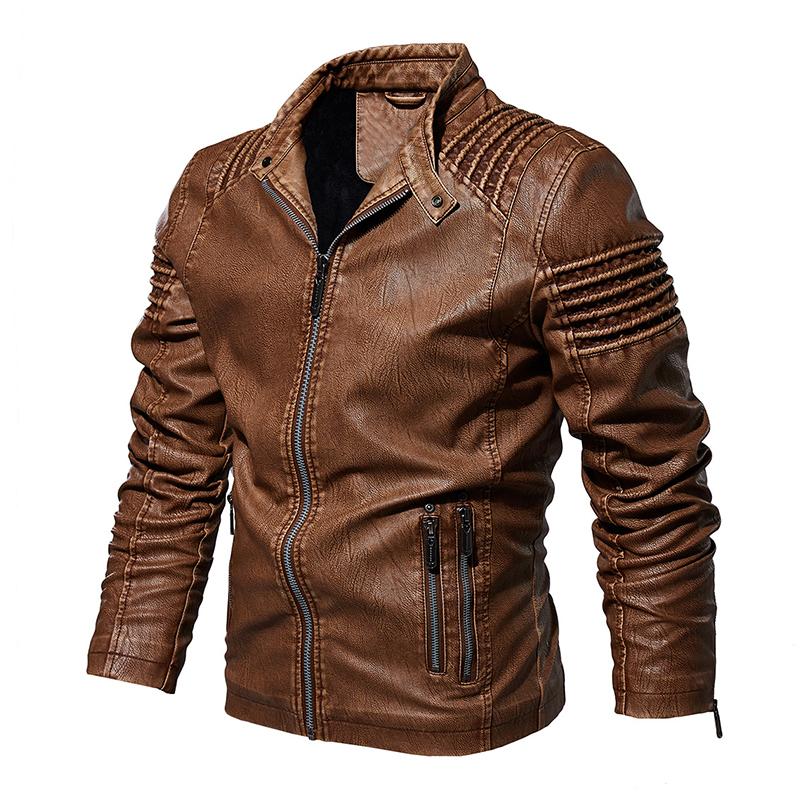 Mens Vintage Distressed Stand Collar Zippered Motorcycle Leather Jacket 12897652M