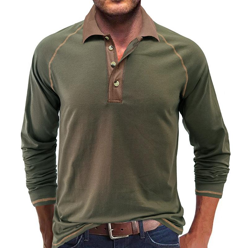 Mens Casual Color Contrasting Lapel Long Sleeve Polo Shirt 04563249M