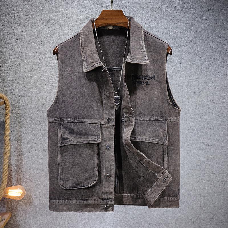 Mens Vintage Lapel Embroidered Denim Vest 86230334X