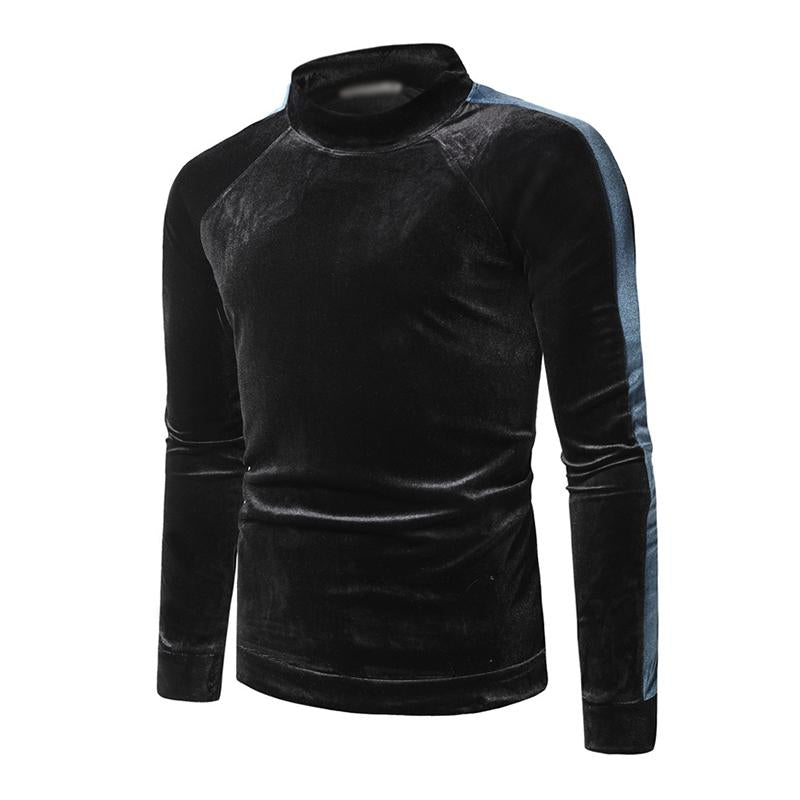 Mens Casual Turtleneck Fleece Warm Colorblock Long Sleeve T-Shirt 04024273M
