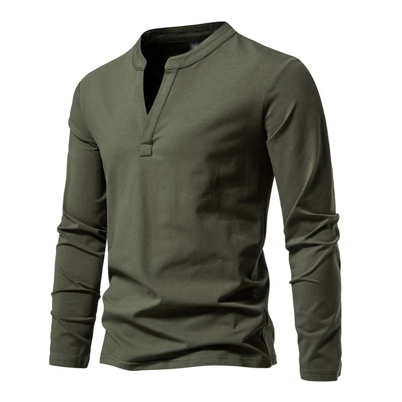 Mens Casual Solid Color V-Neck Loose Long-Sleeved T-Shirt 11957620M