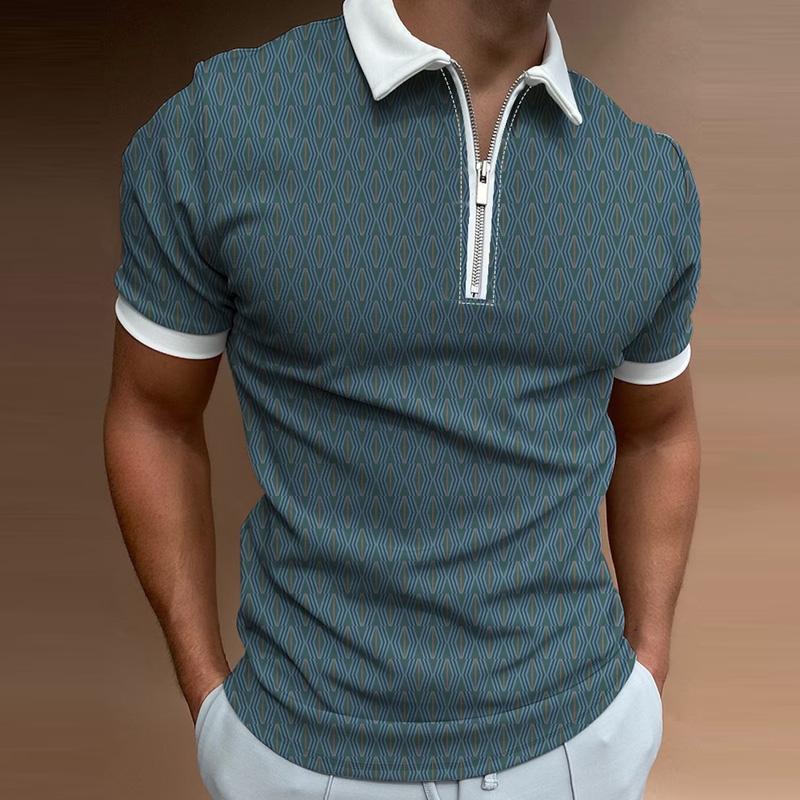 Mens Casual Printed Zipper Lapel Short Sleeve Polo Shirt 55762473M