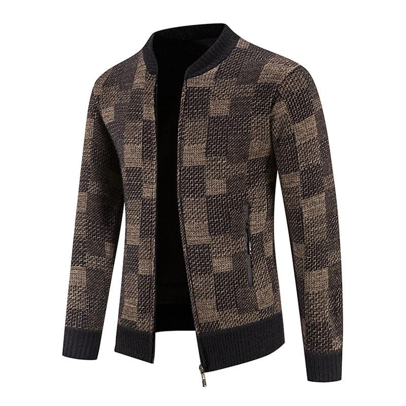 Mens Casual Plaid Fleece Baseball Collar Zipper Fly Knit Jacket 23445833M