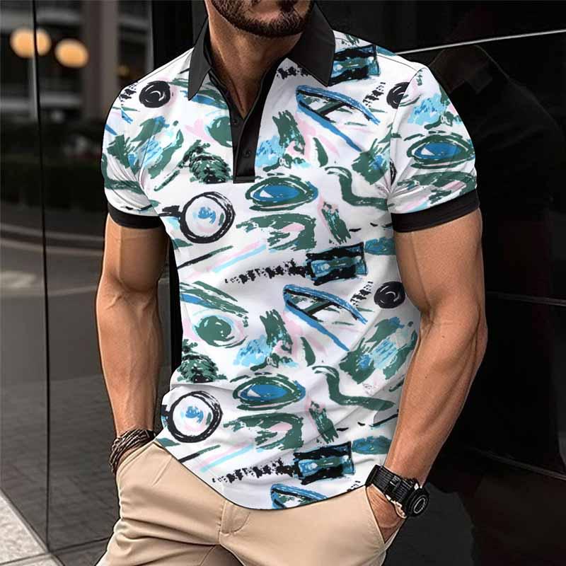 Mens Casual Printed Short Sleeve Lapel Polo Shirt 79155721X