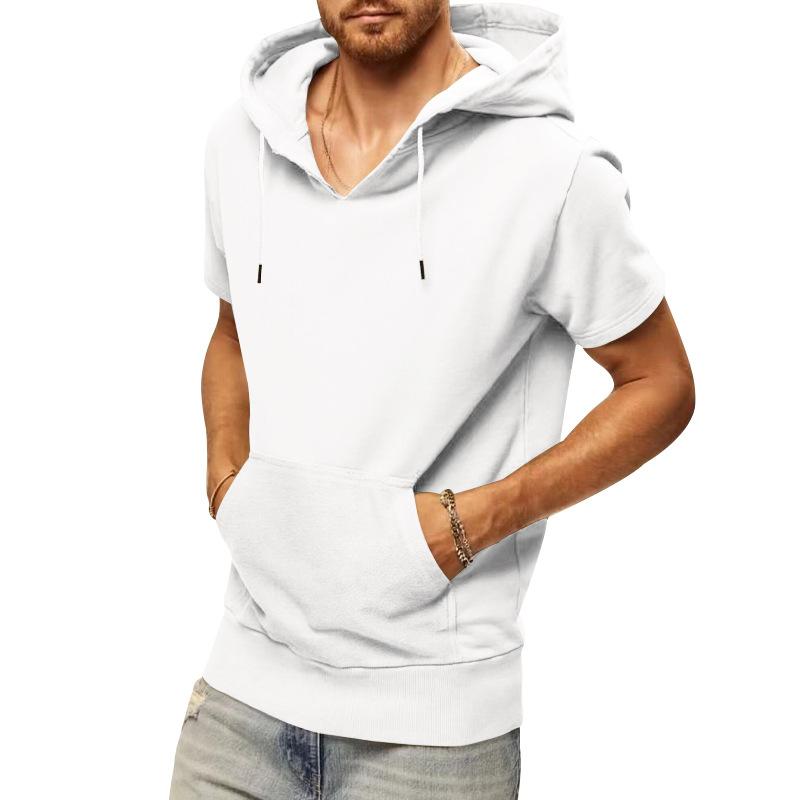 Mens Sports Casual Solid Color Hooded Short Sleeve T-Shirt 67117585Y