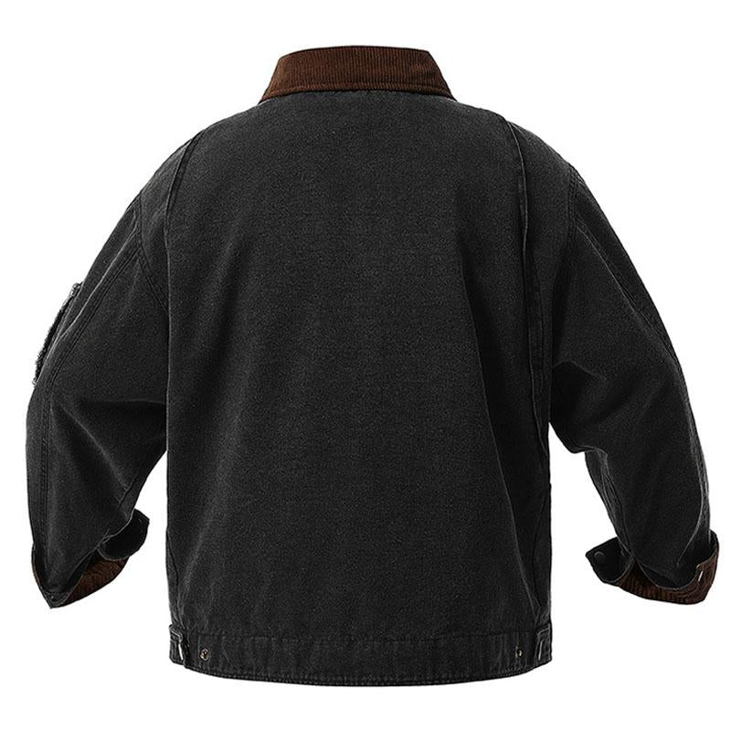 Mens Vintage Washed Cotton Loose Contrast Lapel Zipper Cargo Jacket 32218661M