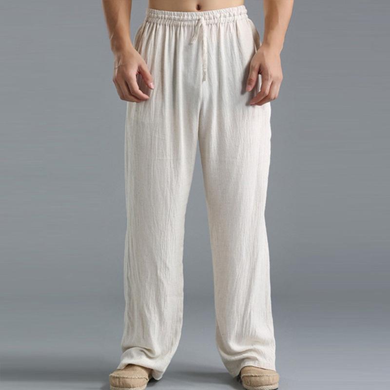Mens Casual Loose Cotton Linen Breathable Elastic Waist Trousers 31442547M