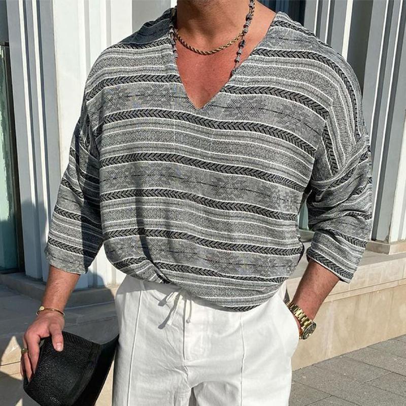Mens Vintage Loose Stripe Printed V-Neck Long Sleeve T-Shirt 72952244Y