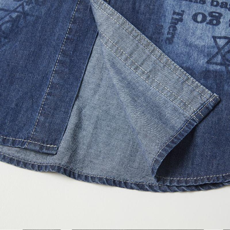 Mens Casual Letter Print Denim Long Sleeve Shirt 68203346Y