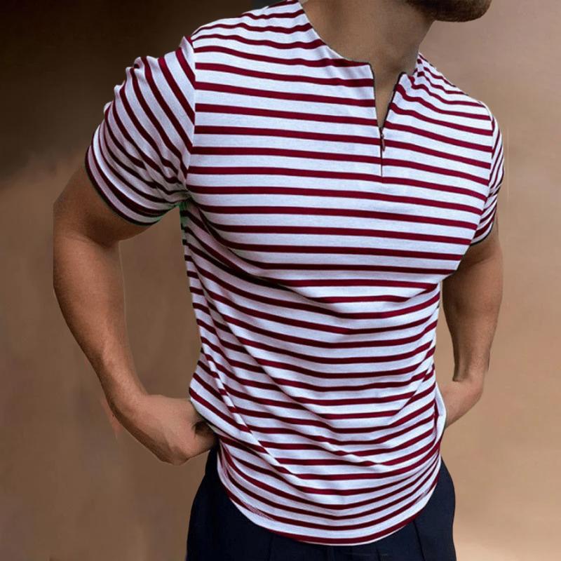 Mens Casual Striped Round Neck Zipper Short Sleeve T-Shirt 24822337Y