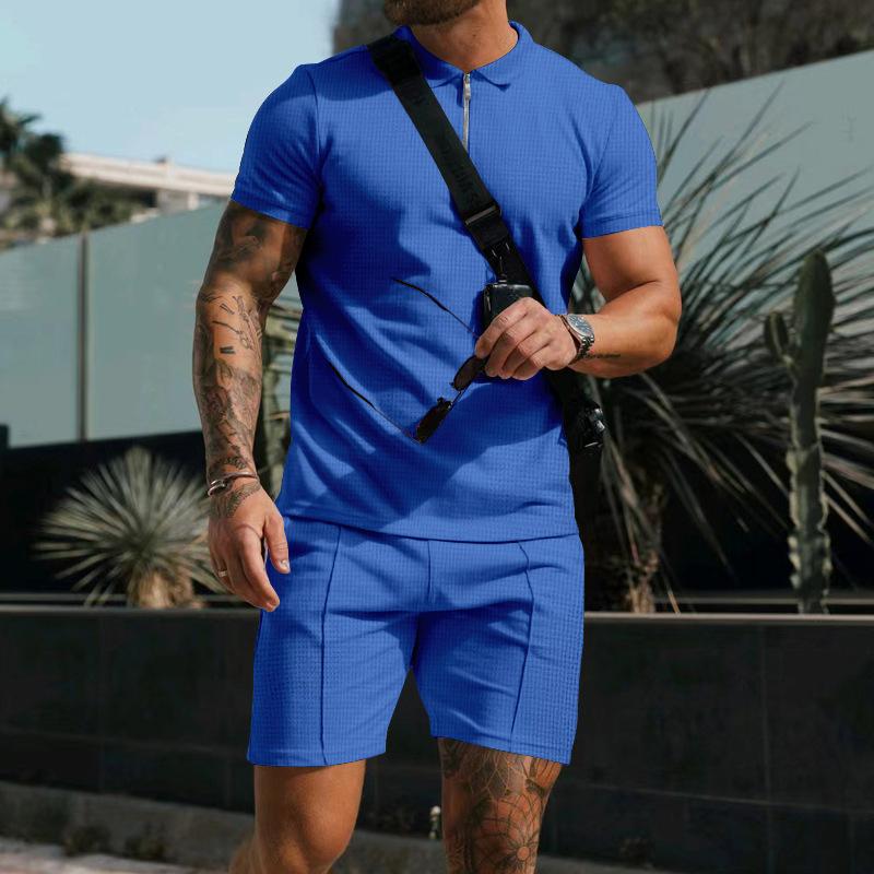 Mens Casual Waffle Solid Color Lapel Short Sleeve T-Shirt Shorts Set 42483174Y