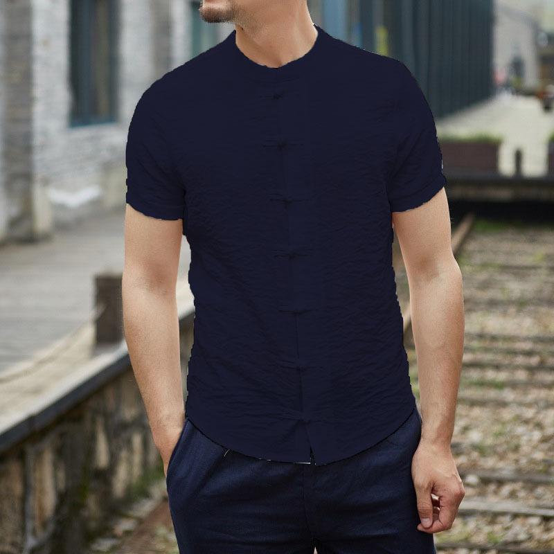 Mens Vintage Stand Collar Cotton Linen Short Sleeve Shirt 40504441M