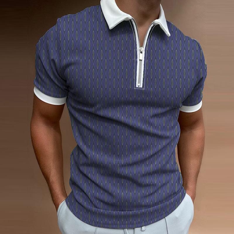 Mens Casual Printed Zipper Lapel Short Sleeve Polo Shirt 55762473M