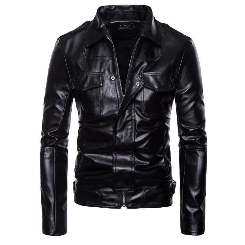 MenS Motorcycle Rugged Style Lapel Double Chest Pockets Leather Jacket 94260394Y