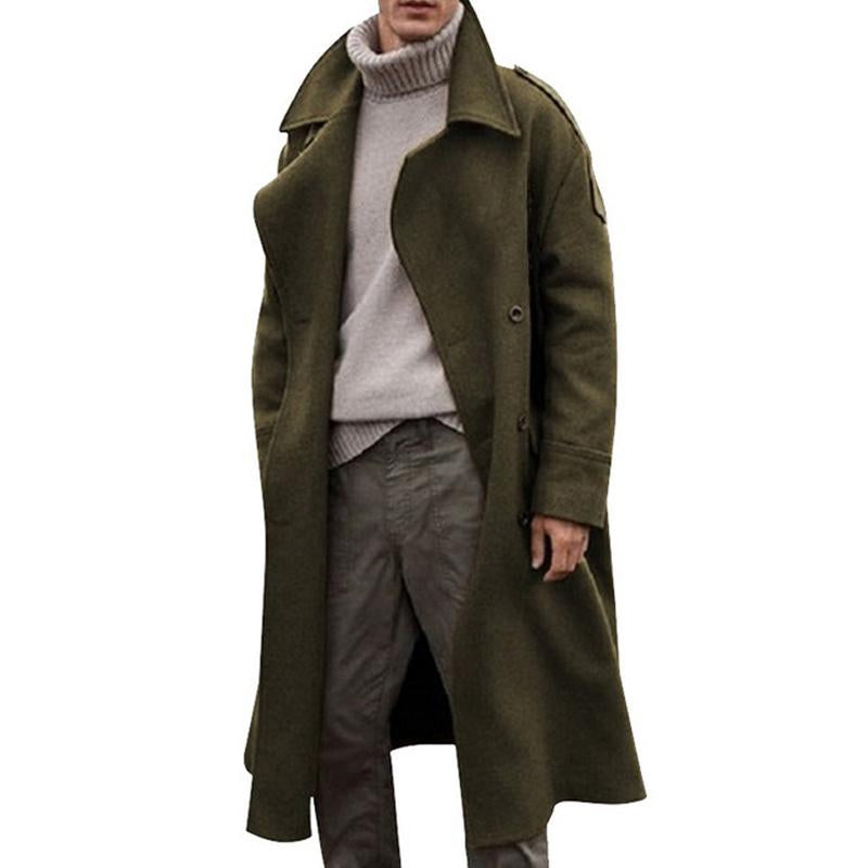 Mens Turn-down Collar Double Breasted Solid Long Coat 63857145Z