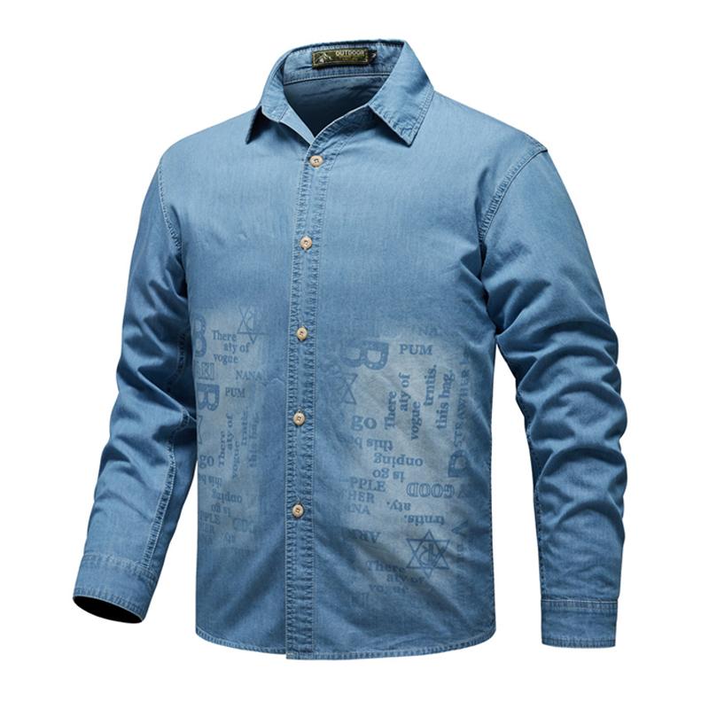 Mens Casual Letter Print Denim Long Sleeve Shirt 68203346Y