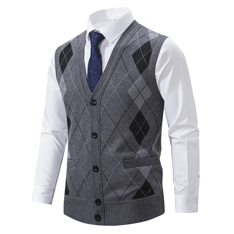 Mens Retro Rhombus Lattice Single Breasted Knit Vest 82510289Z
