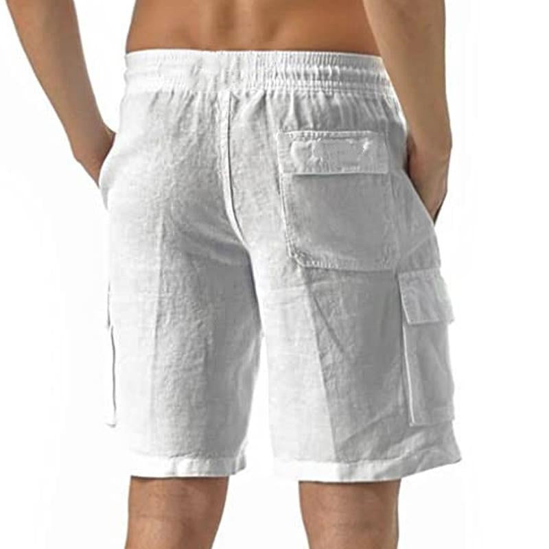 Mens Casual Solid Color Cotton Linen Multi-Pocket Drawstring Shorts 01649333Y