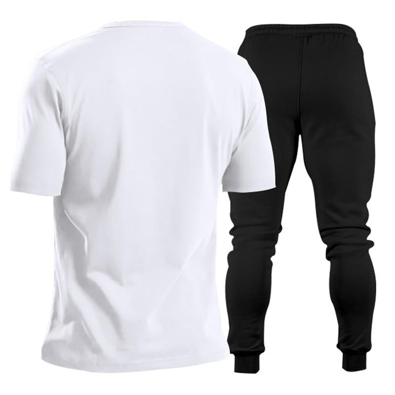 Mens Solid Color V-neck Short-sleeved Trousers Sports Two-piece Set 83772586X